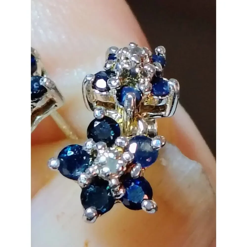 925 Sterling Sapphire Diamond ClusterDrop Stud Earring 2.15g